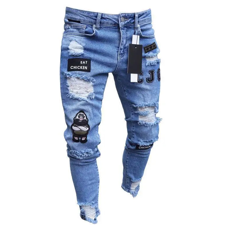 2023 White Embroidery Skinny Ripped Jeans Men Cotton Stretchy Slim Fit Hip Hop Denim Pants Casual Jeans for Men Jogging Trousers