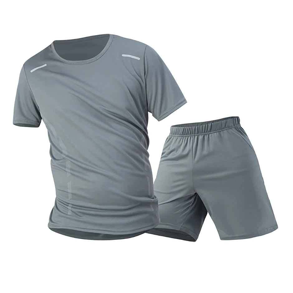 2-Piece Men's Summer Quick drying Sports Suit Loose And Breathable Short Sleeved T-shirt Running And Fitness Black Pocket Shorts