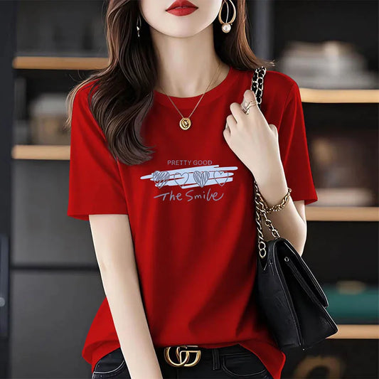Summer 2025 New 100% Cotton Chic Letter Print T-shirt Women Clothing Fashion All-match Basic Short Sleeve Top Tee Loose Pullover